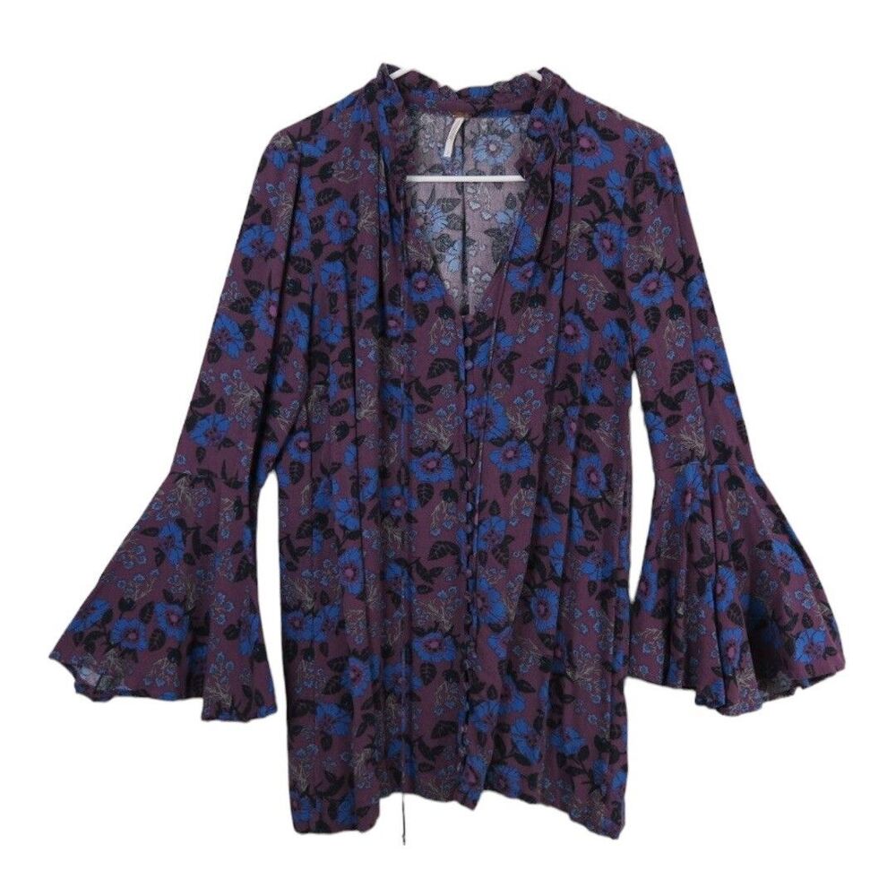 Free People Magic Mystery Tunic Purple Wine Boho Floral Trumpet Sleeve sz S